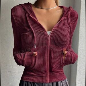 SHEIN | Burgundy Lightweight Ribbed Zip Up Jacket